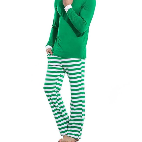 Matching Green White Striped Winter Christmas Family Pajamas PJs Men Women Kids - Picture 1 of 16